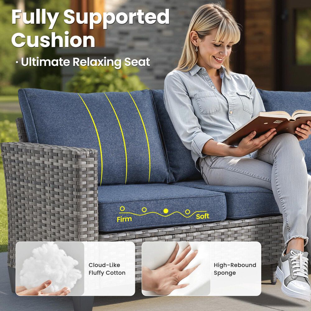 HOMLUX HOMLUX 5-Piece Outdoor Wicker Patio Furniture Set, High Back Rattan Sofa with Chairs, Ottomans &amp; Cushions in Denim Blue, , large