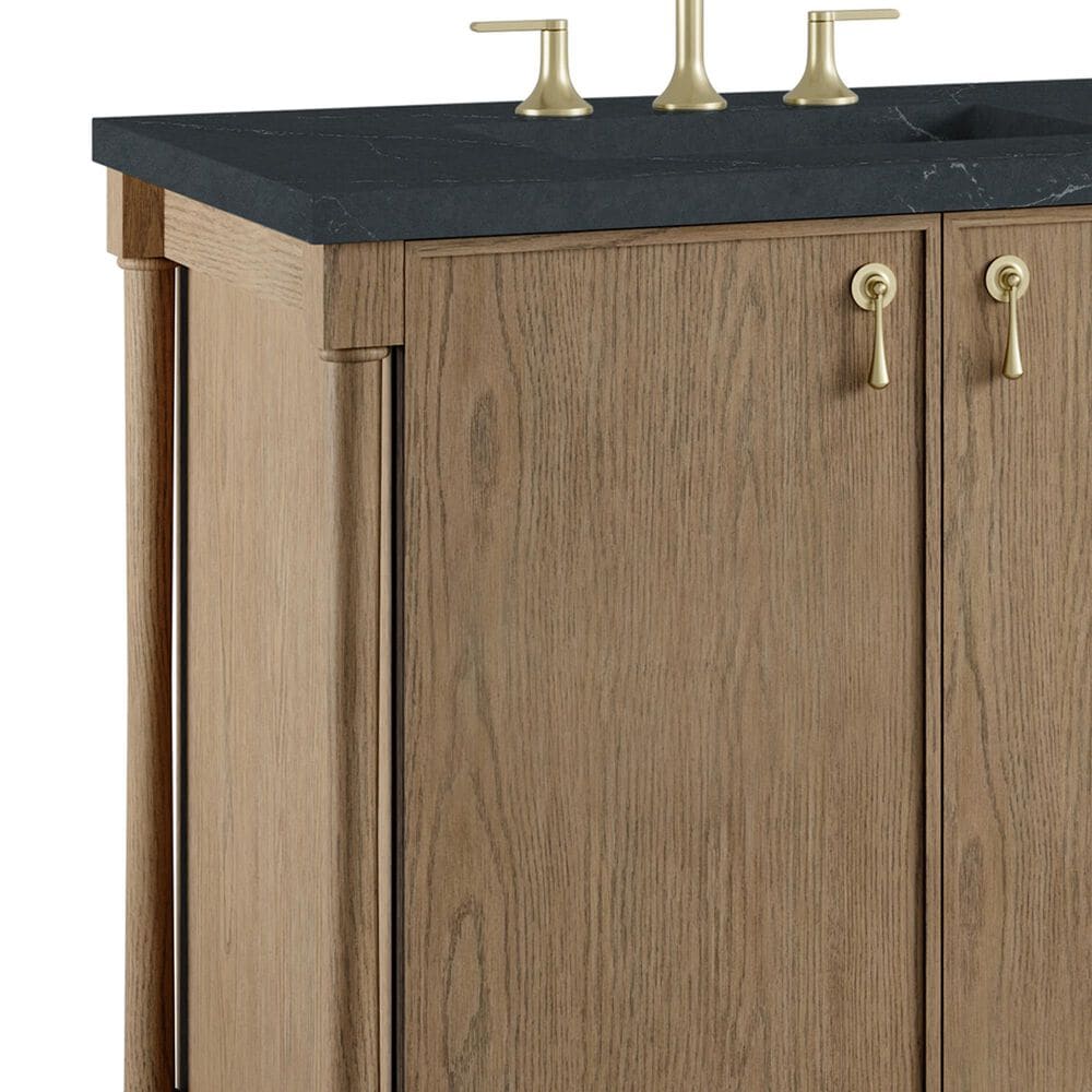 James Martin Kinnsden 72" Double Bathroom Vanity in Weathered Oak with 3 cm Charcoal Soapstone Silestone Top and Rectangular Sinks, , large