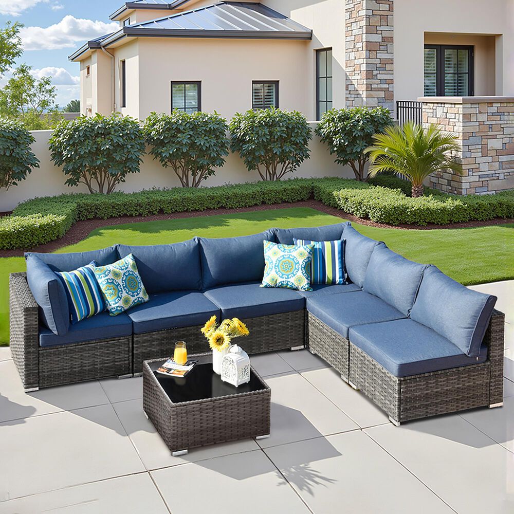 HOMLUX 7-Piece Patio Conversation Set with Grey Wicker in Denim Blue, , large
