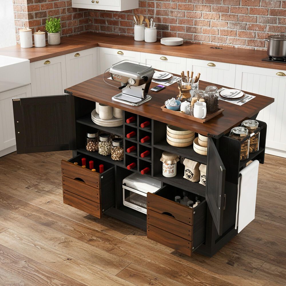 HOMLUX 54" Kitchen Island with Drop Leaf in Black, , large