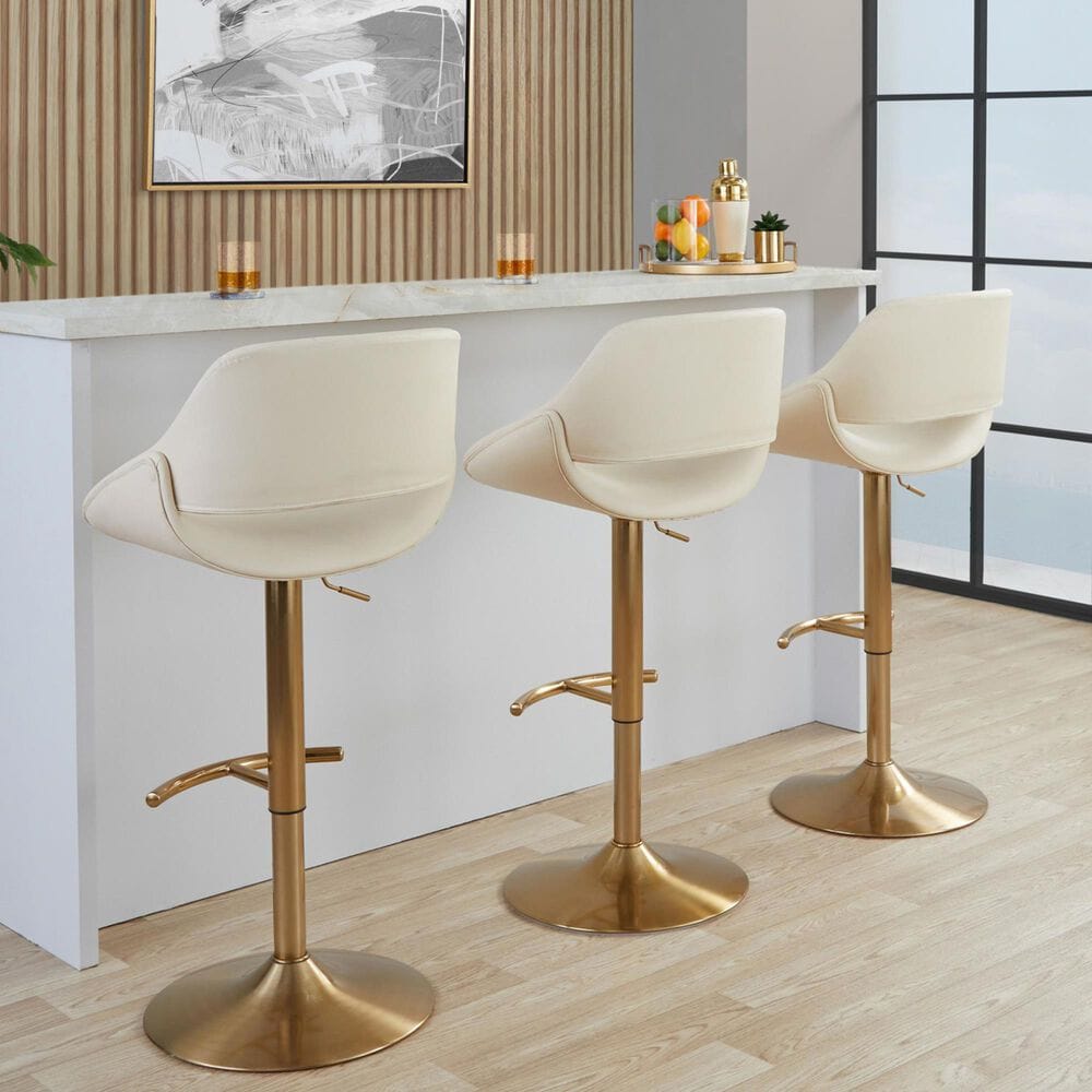 LumiSource Fabrico Swivel Adjustable Bar Stool with Cream Faux Leather Upholstery and Rounded T Footrest in Gold (Set of 2), , large