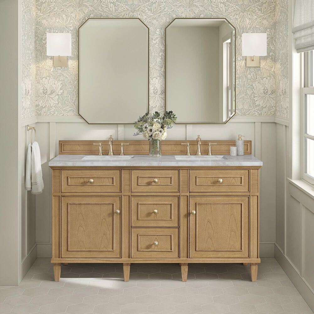 James Martin Vanities Lorelai 60" Double Bathroom Vanity in Light Natural Oak with 3 cm Eternal Jasmine Pearl Silestone Top, Rectangular Sinks and FreePower Wireless Charger, , large