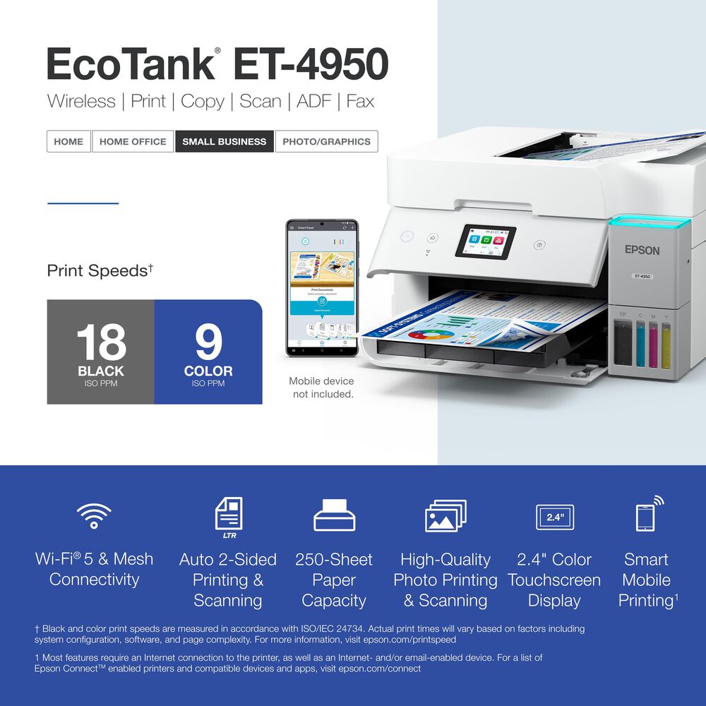 Epson EcoTank ET-4950 Wireless All-in-One Color Supertank Printer  White, , large