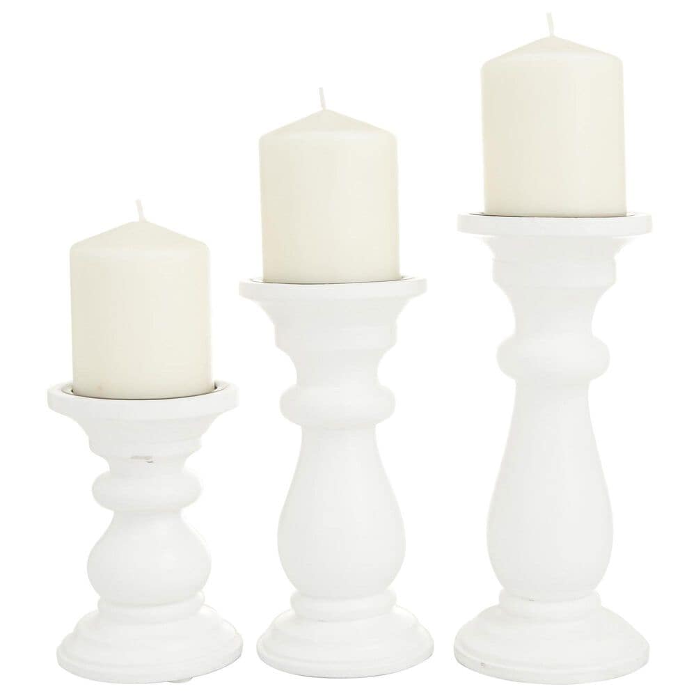 Maple and Jade 6", 8", 10" Turned Style Pillar Decorative Candle Holder in White (Set of 3), , large