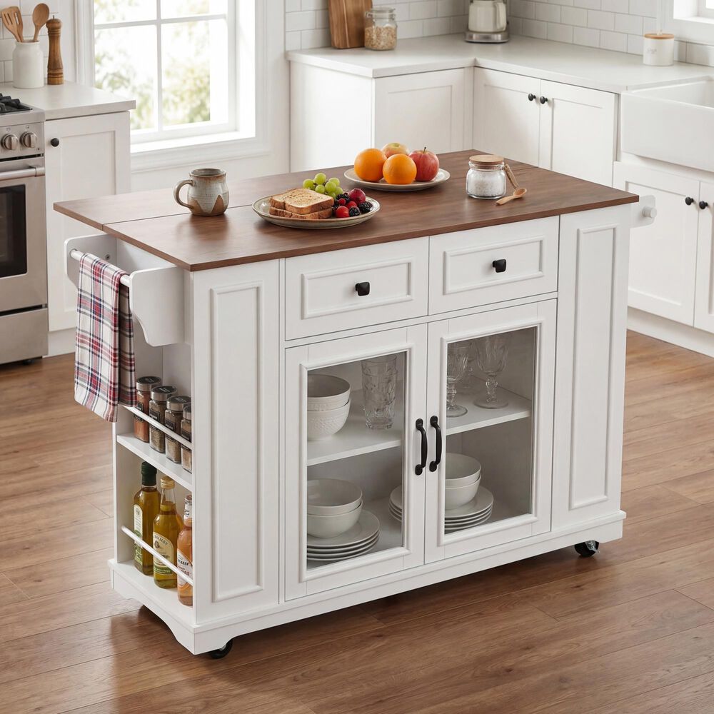 HOMLUX 54" Mobile Kitchen Island with Glass Door Storage in Walnut and White, , large