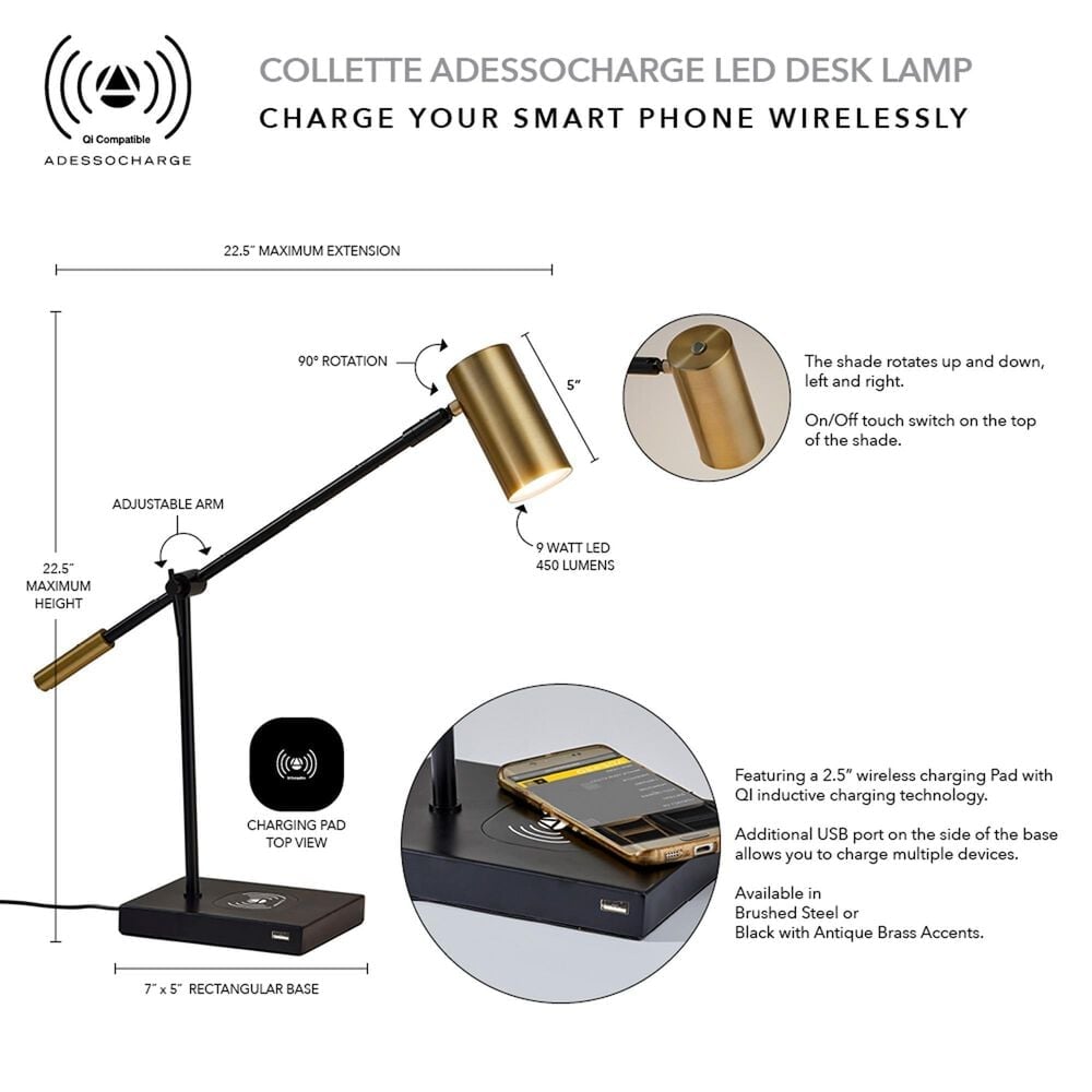 Adesso Collette LED Desk Lamp with Wireless Charging + USB in Antique Brass, , large