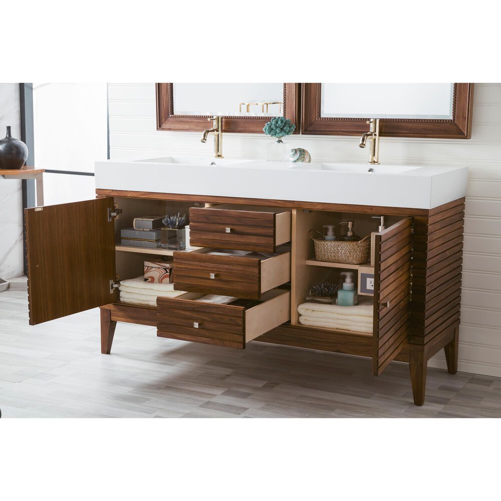 James Martin Vanities Linear 59&quot; Double Bathroom Vanity in Mid Century Walnut with 15 cm Glossy White Solid Surface Top and Rectangular Sinks, , large