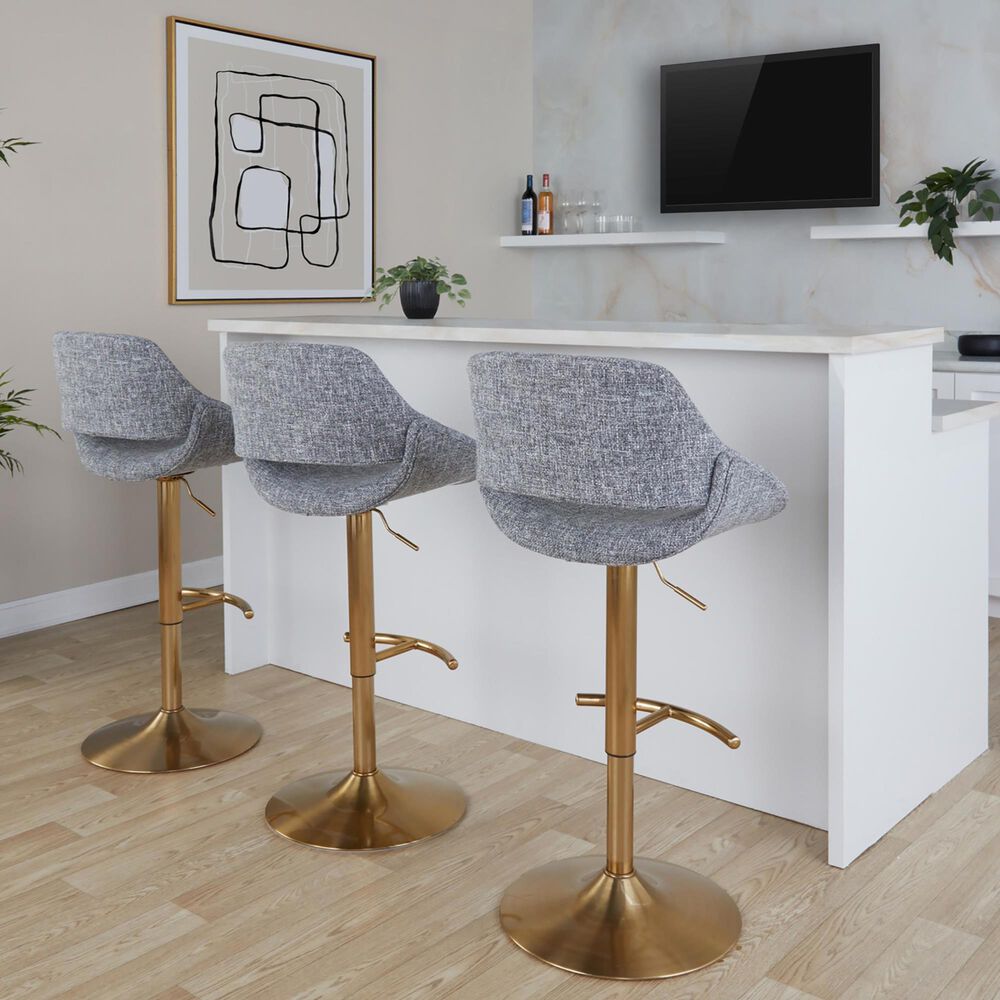 LumiSource Fabrico Swivel Adjustable Bar Stool with Grey Noise Fabric Upholstery and Rounded T Footrest in Gold (Set of 2), , large