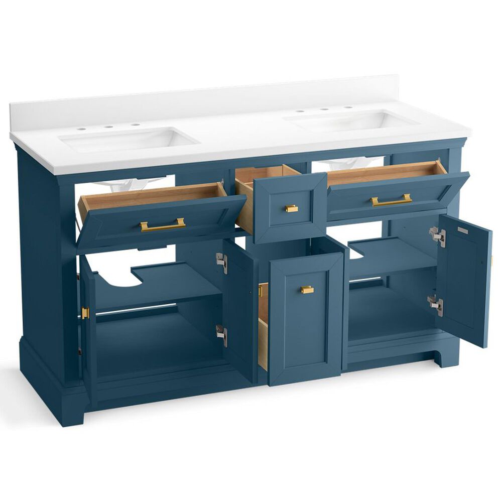 Kohler Charlemont 60&quot; Double Bathroom Vanity in Tidal Blue with 3 cm White Quartz Top and Rectangular Sinks, , large