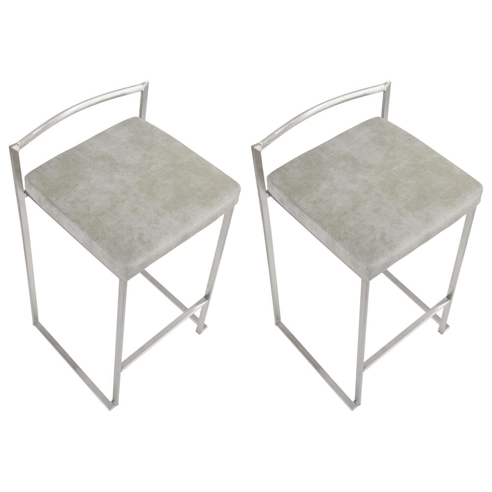 LumiSource Fuji 26" Stacker Counter Stool with Light Grey Cowboy Upholstery in Brushed Stainless Steel (Set of 2), , large