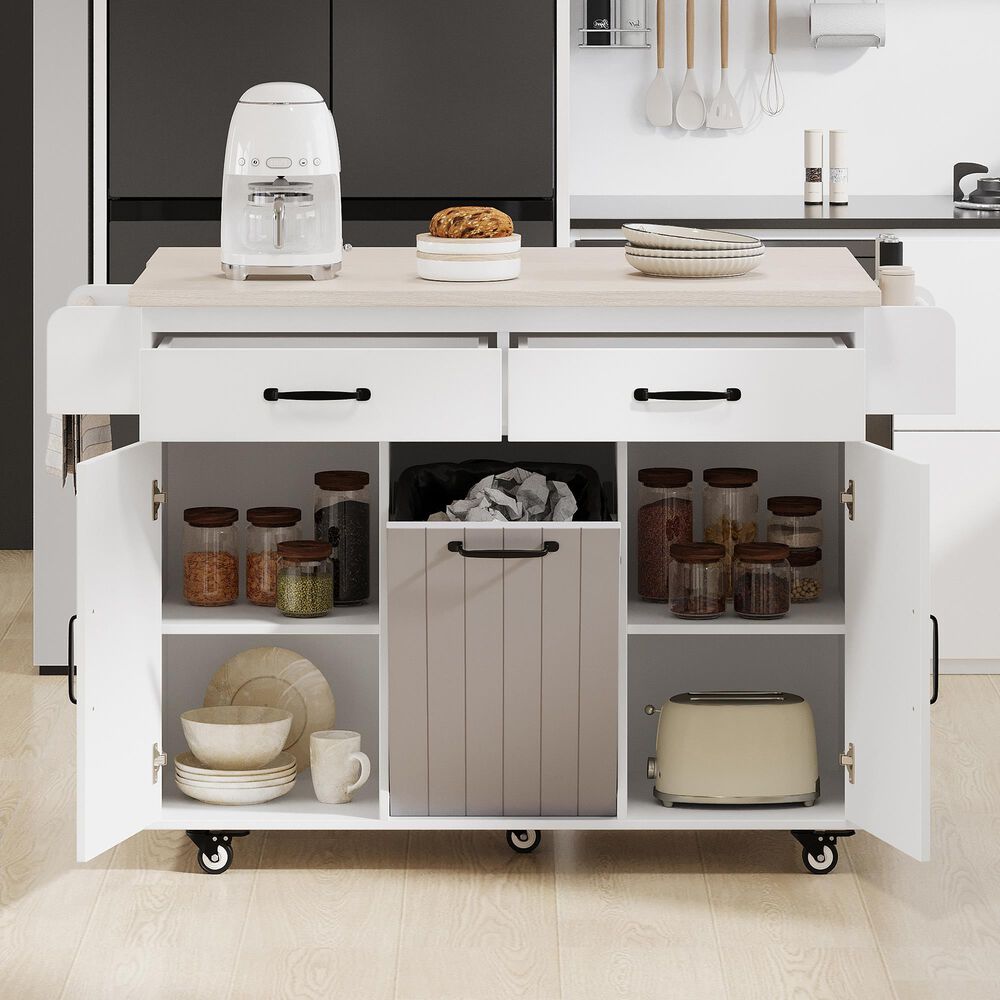 HOMLUX 44" Kitchen Island with Trash Can Storage Cabinet in White, , large