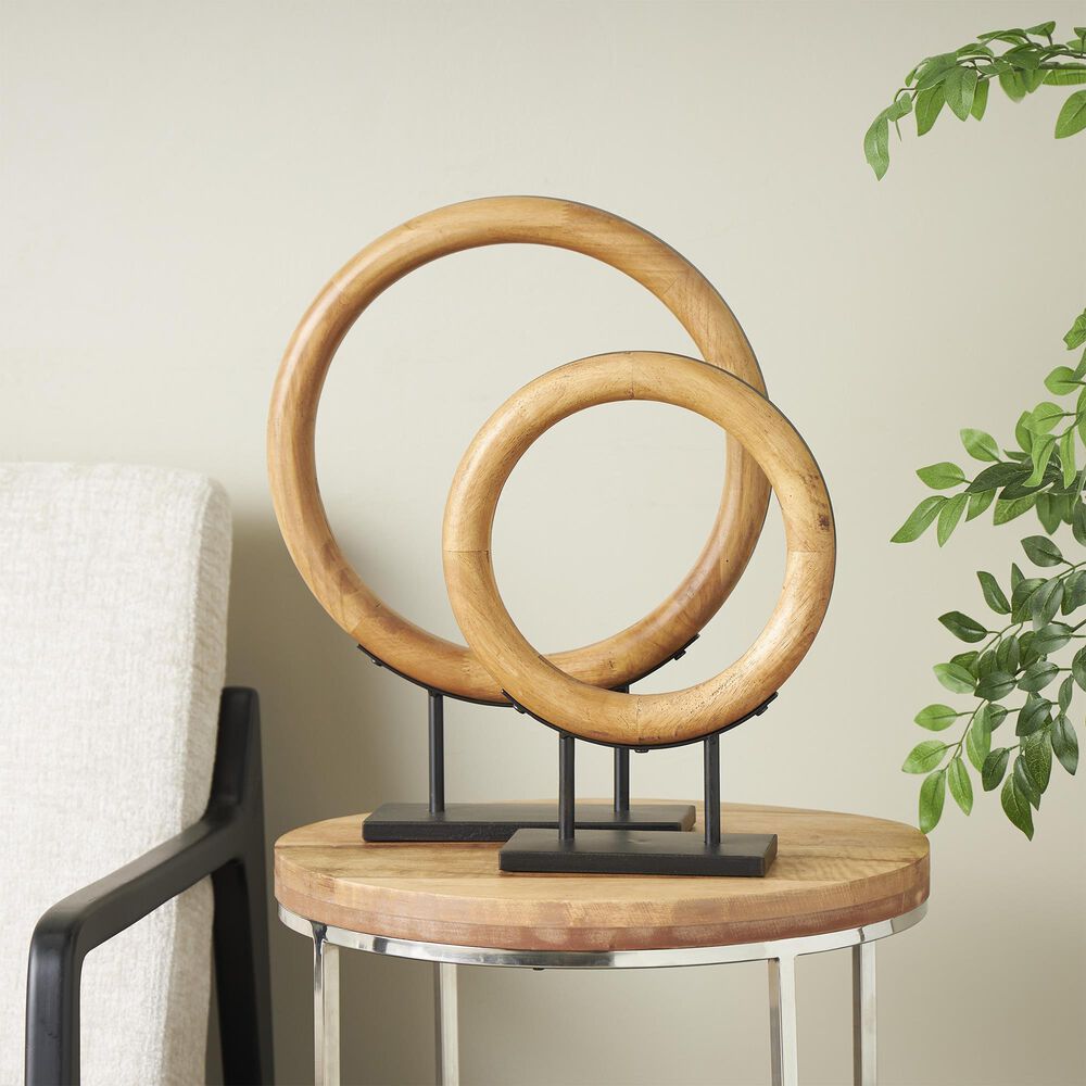 Maple and Jade 2-Piece Circular Ring Geometric Decorative Sculpture Set in Oiled Brown and Black, , large