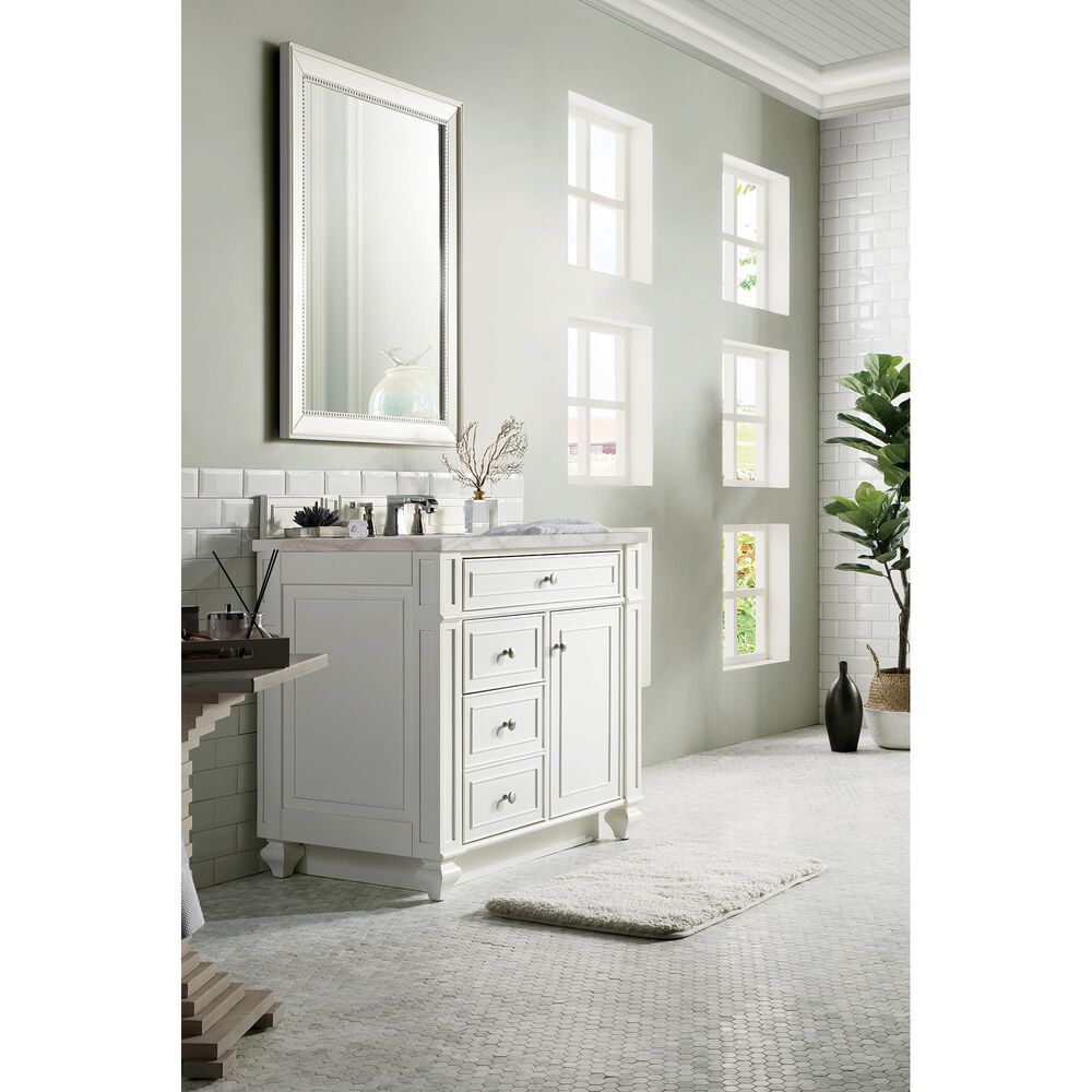 James Martin Vanities Bristol 36" Single Bathroom Vanity in Bright White with 3 cm Victorian Silver Quartz Top and Rectangular Sink, , large