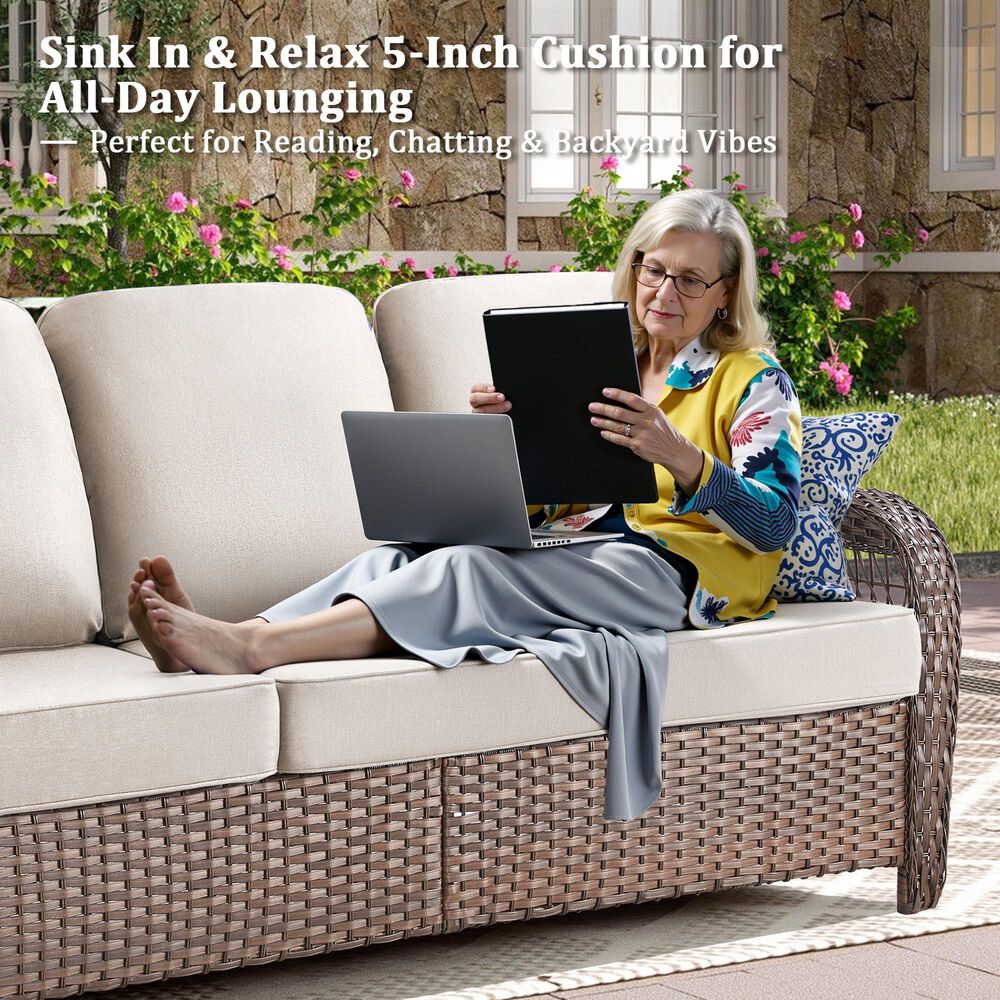 Hearth and Haven Outdoor Sofa with T-back Cushions and Brown Wicker in Beige, , large