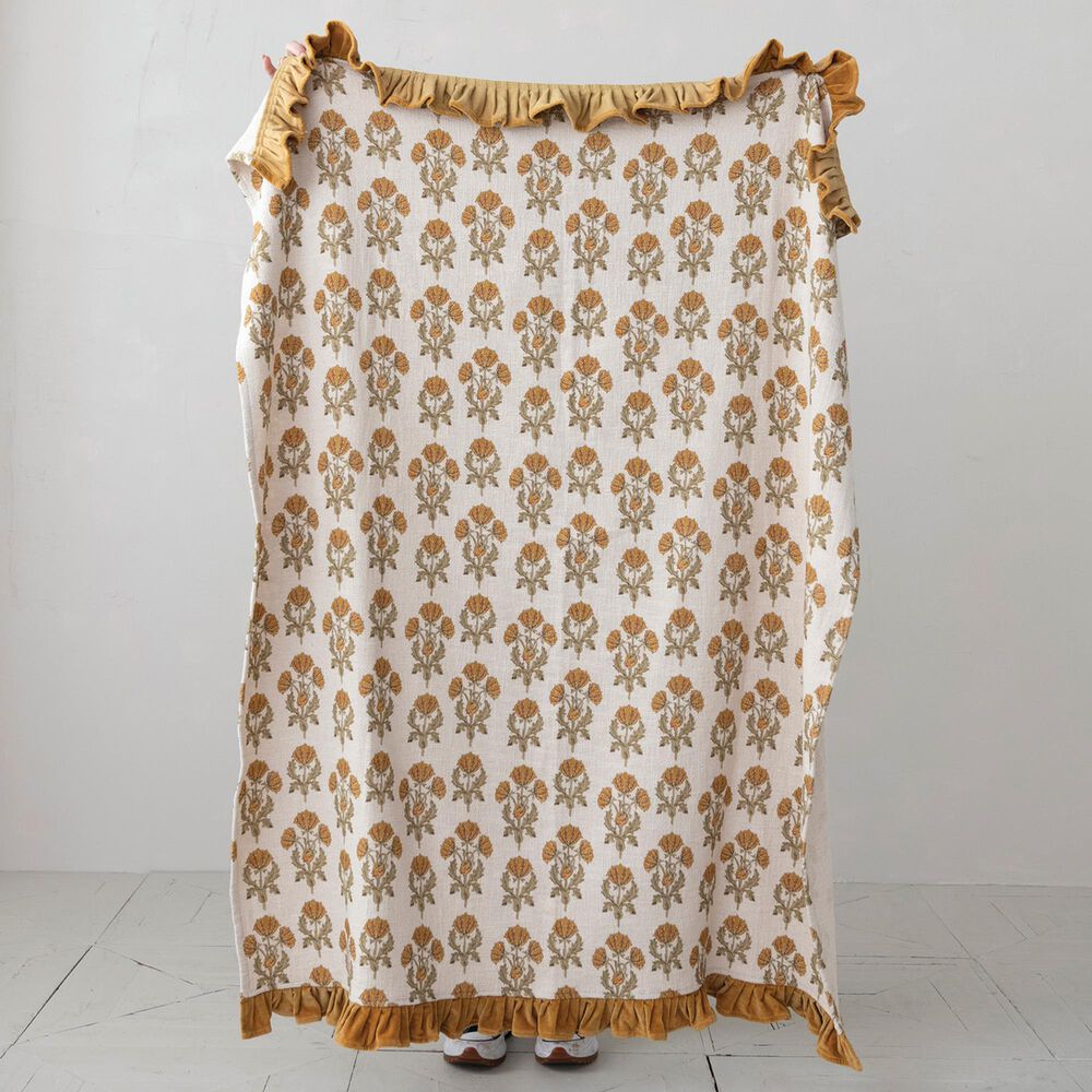 Creative Coop Cozy 60"x 50" Cotton Slub Printed Throw with Velvet Ruffle in Multicolor, , large