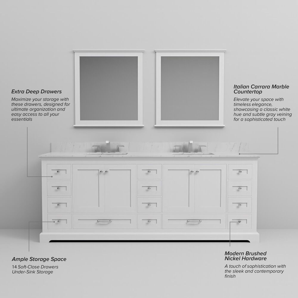 Lexora Home Dukes 84" Double Bathroom Vanity in White with 2 cm White Carrara Marble Top and Rectangular Sinks, , large