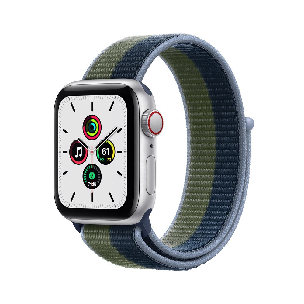 Apple 40mm Watch SE GPS + Cellular (Latest Model) Silver Aluminum Case with Abyss Blue/Moss Green Sport Loop, , large