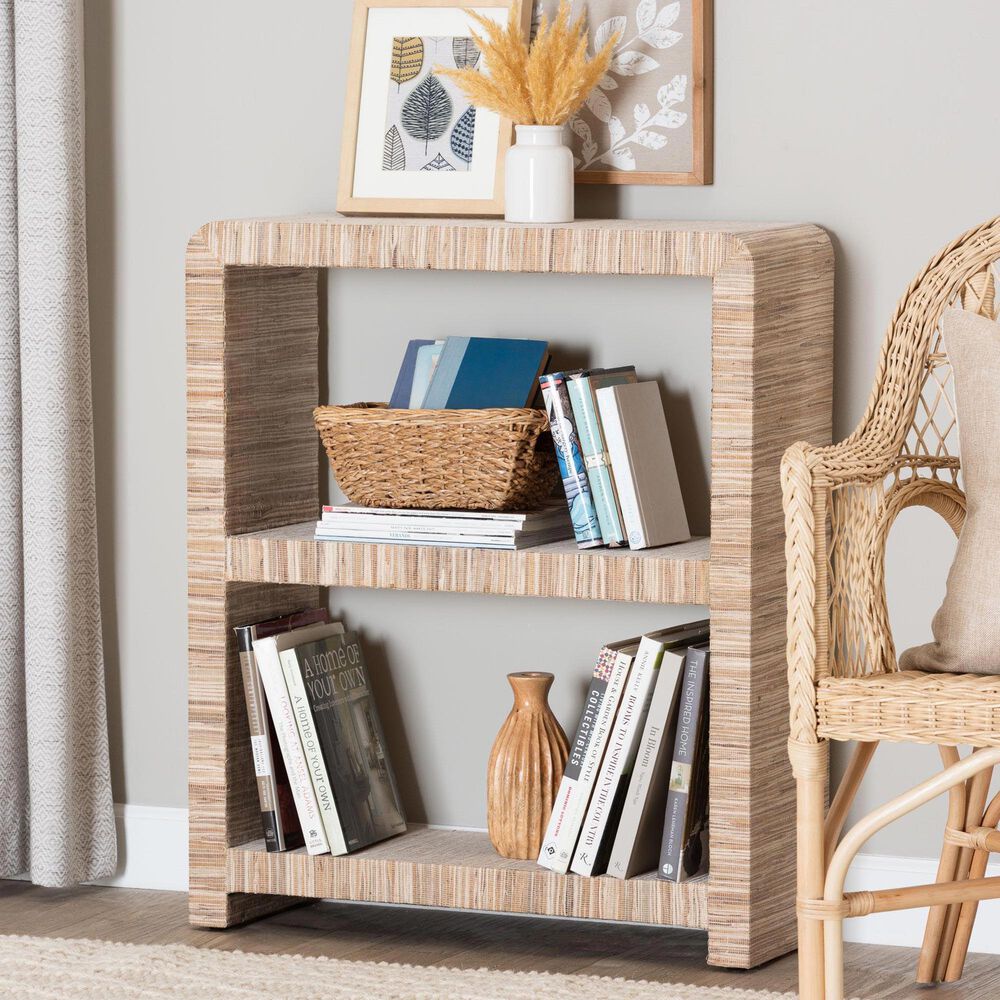 Baxton Studio Lucy 35" Bohemian Bookcase with Open Shelves in Natural, , large