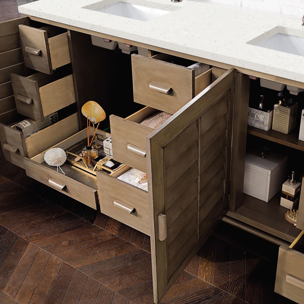 James Martin Vanities Portland 72&quot; Double Bathroom Vanity in Whitewashed Walnut with 3 cm Lime Delight Quartz Top and Rectangular Sinks, , large