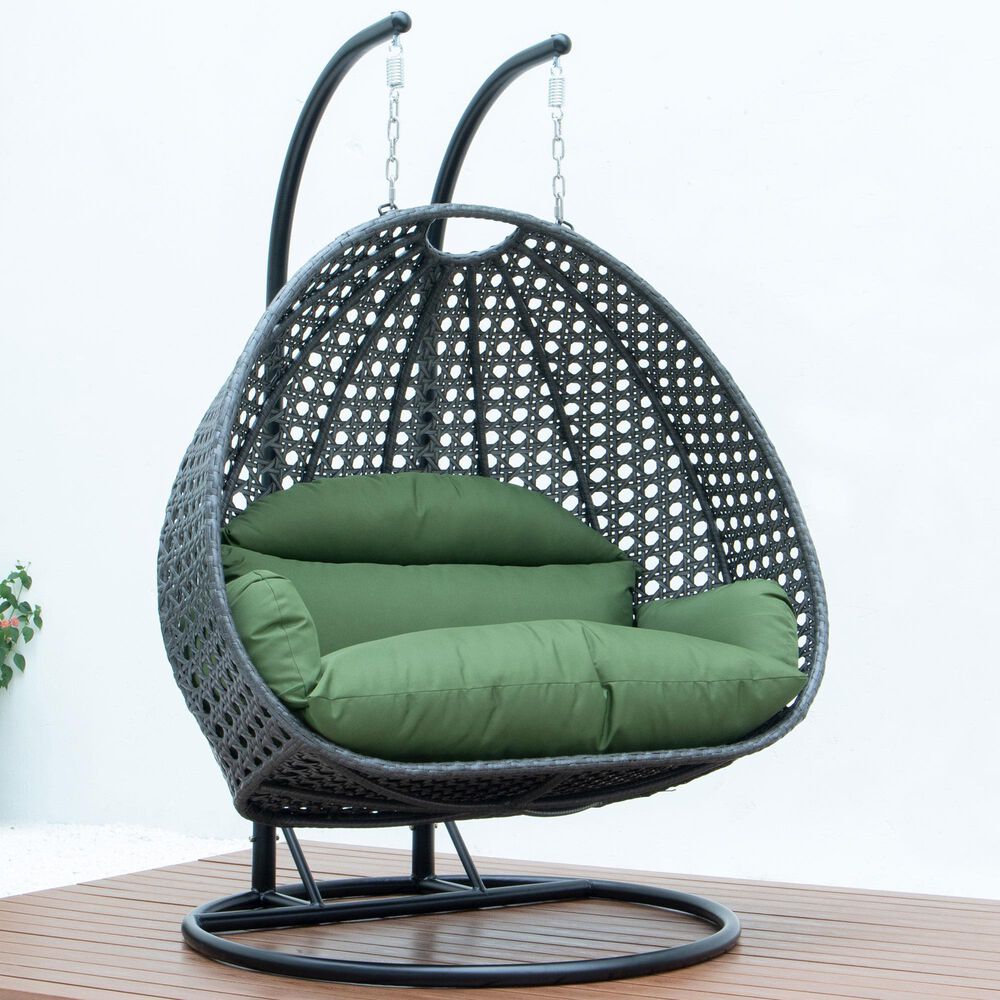 Leisuremod Patio 2-Seat Hanging Egg Swing Chair with Dark Green Cushion in Charcoal, , large