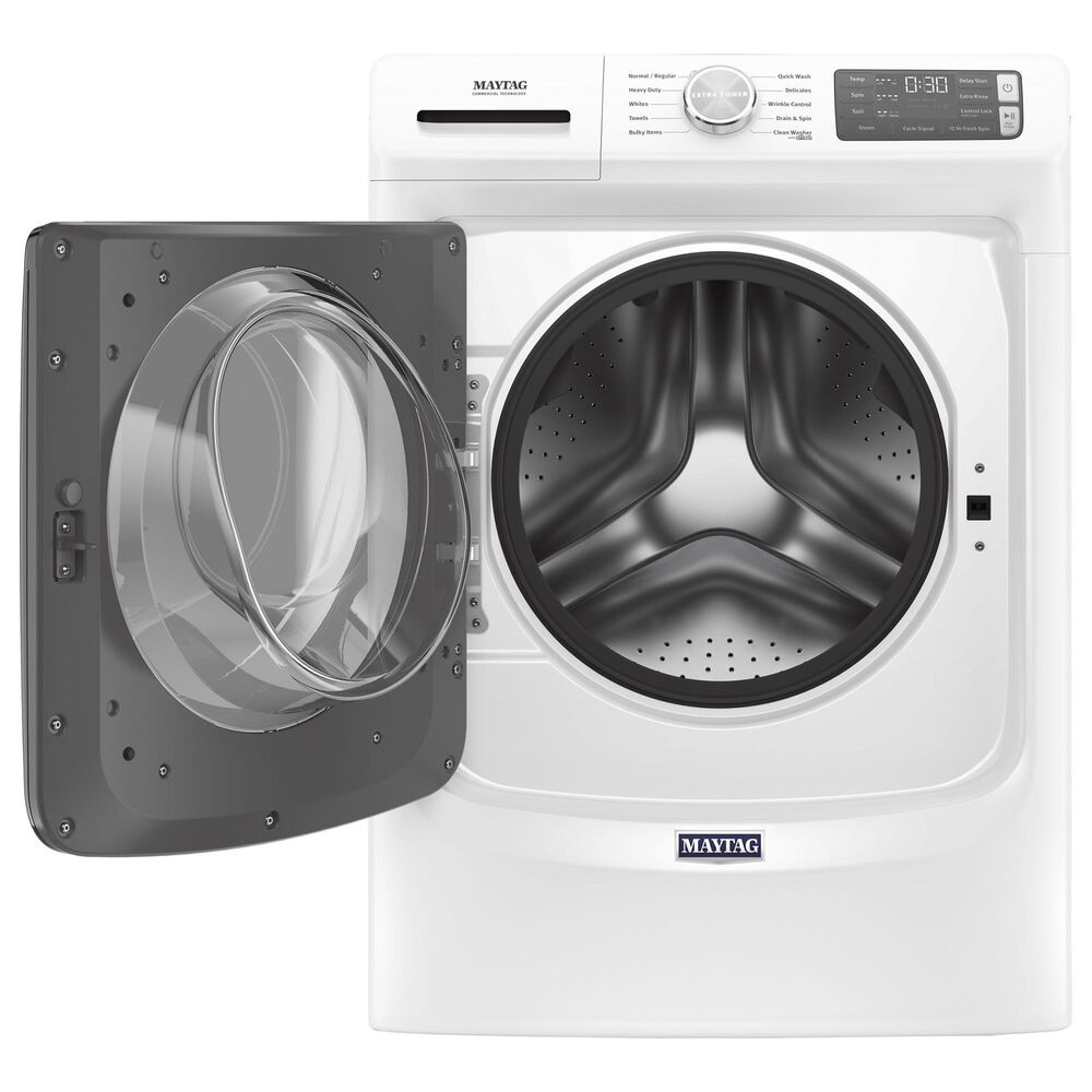 Maytag 4.5 Cu. Ft. Front Load Washer and 7.3 Cu. Ft. Gas Dryer Laundry Pair with Pedestal in White, , large