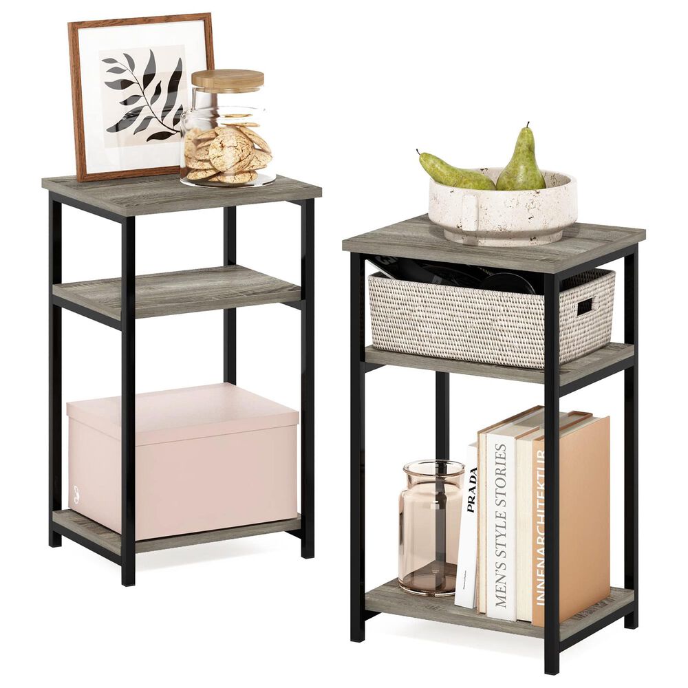 HOMLUX 3-Tier Metal Frame End Table with Storage Shelves in French Oak Grey and Black (Set of 2), , large
