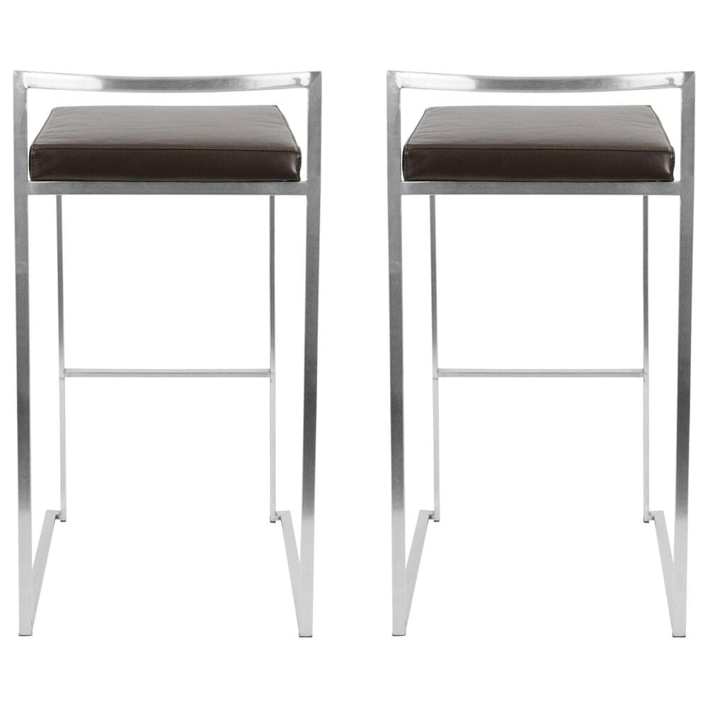 Lumisource Fuji Stackable Barstool with Brown Faux Leather in Brushed Stainless Steel &#40;Set of 2&#41;, , large