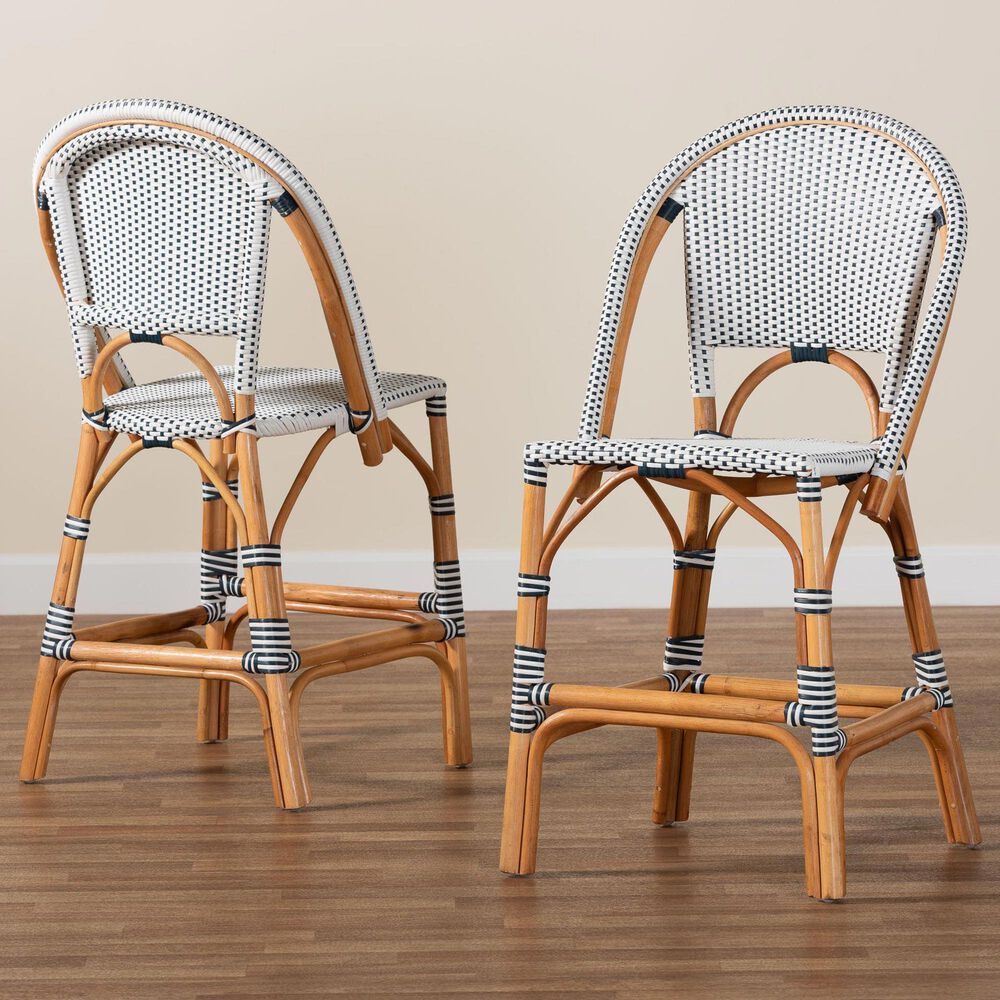 Baxton Studio Genica Counter Stool with Two-Tone Navy and White Weaving in Natural Rattan (Set of 2), , large