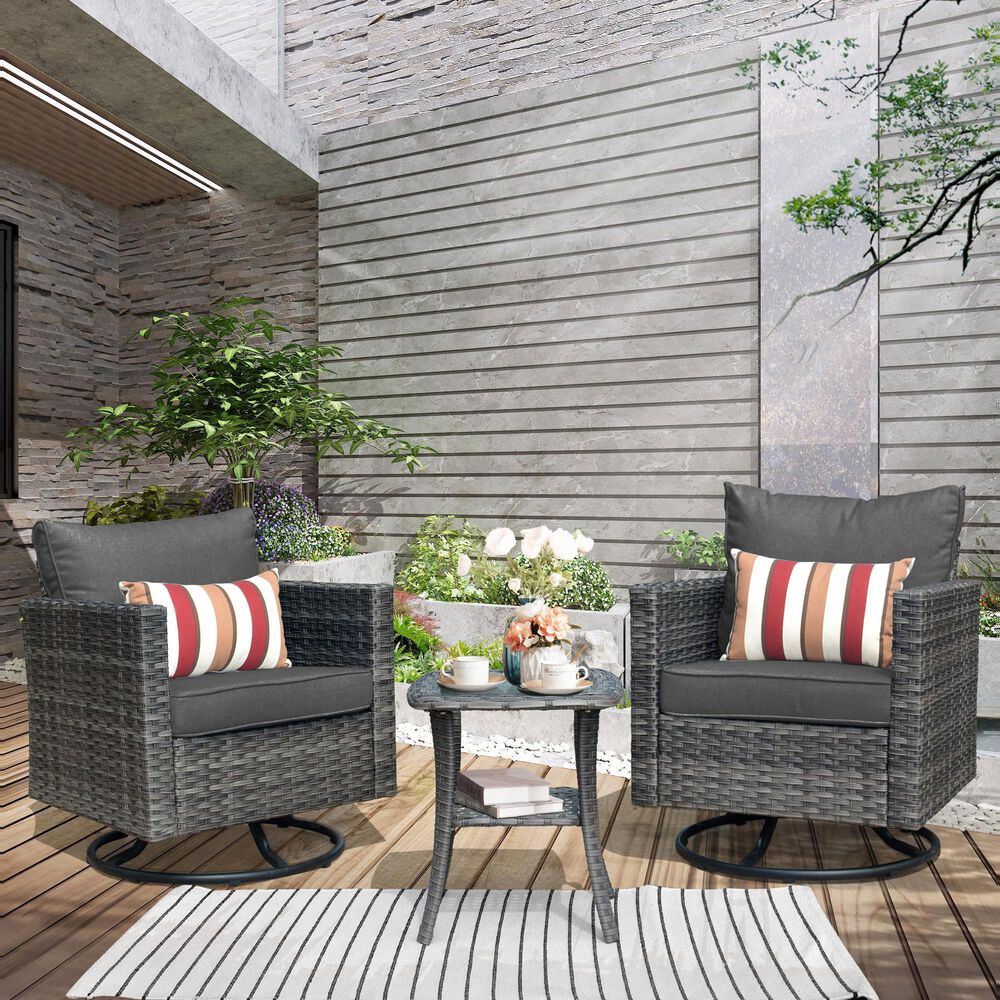 HOMLUX 3-Piece Patio Conversation Set with Square-Arm Swivel Rocking Chairs in Black, , large