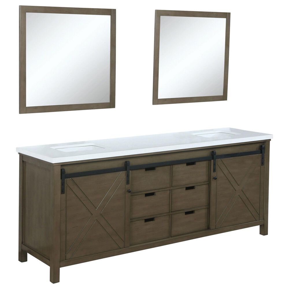 Lexora Home Marsyas 80" Double Bathroom Vanity in Rustic Brown with White Quartz Top, Rectangle Sinks and Mirrors, , large