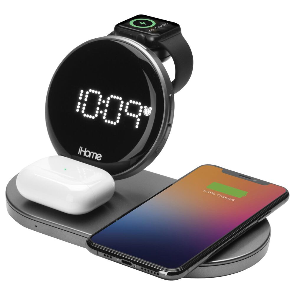 iHome Compact Alarm Clock with Qi Wireless Fast, Apple Watch and USB Charging in Black and Grey, , large
