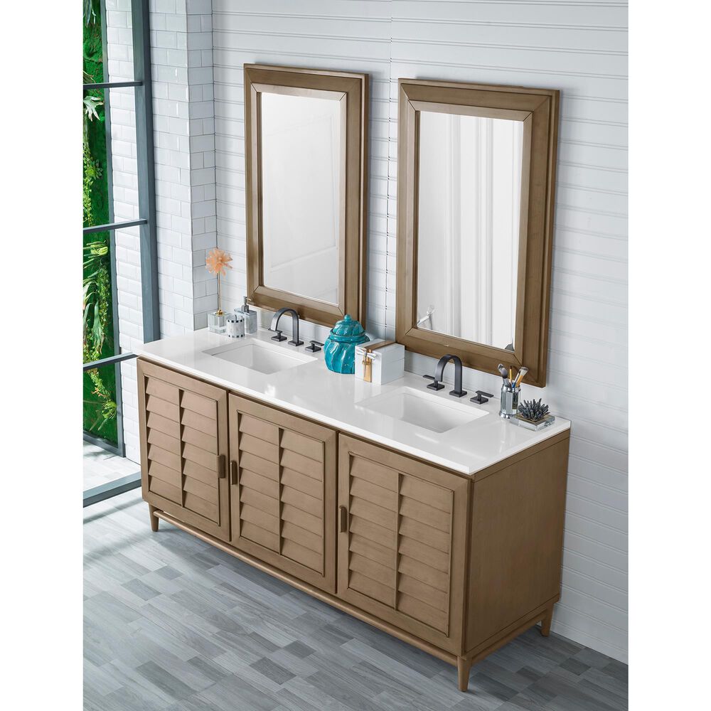 James Martin Vanities Portland 72&quot; Double Bathroom Vanity in Whitewashed Walnut with 3 cm White Zeus Quartz Top and Rectangular Sinks, , large
