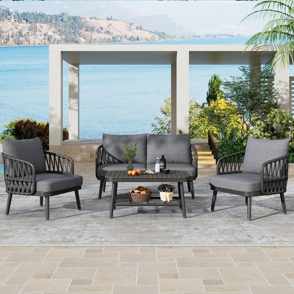 Hearth and Haven 4-Piece Patio Conversation Set with Gray Cushion in Black, , large