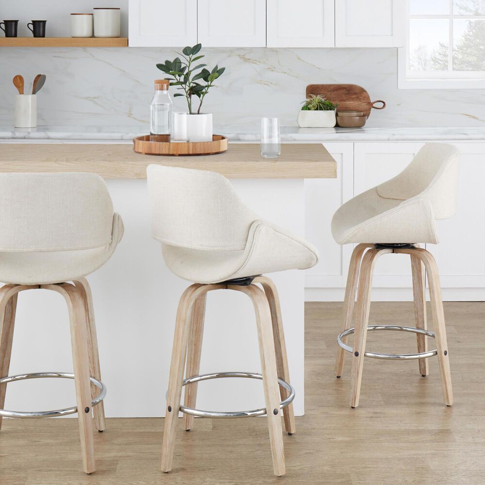 LumiSource Fabrico 26" Swivel Fixed-Height Counter Stool with Cream Noise Fabric Upholstery in Chrome and Whitewashed (Set of 2), , large