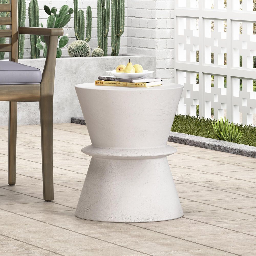 Hearth and Haven Round Patio Side Table with Hourglass-Shaped Base in Antique White, , large