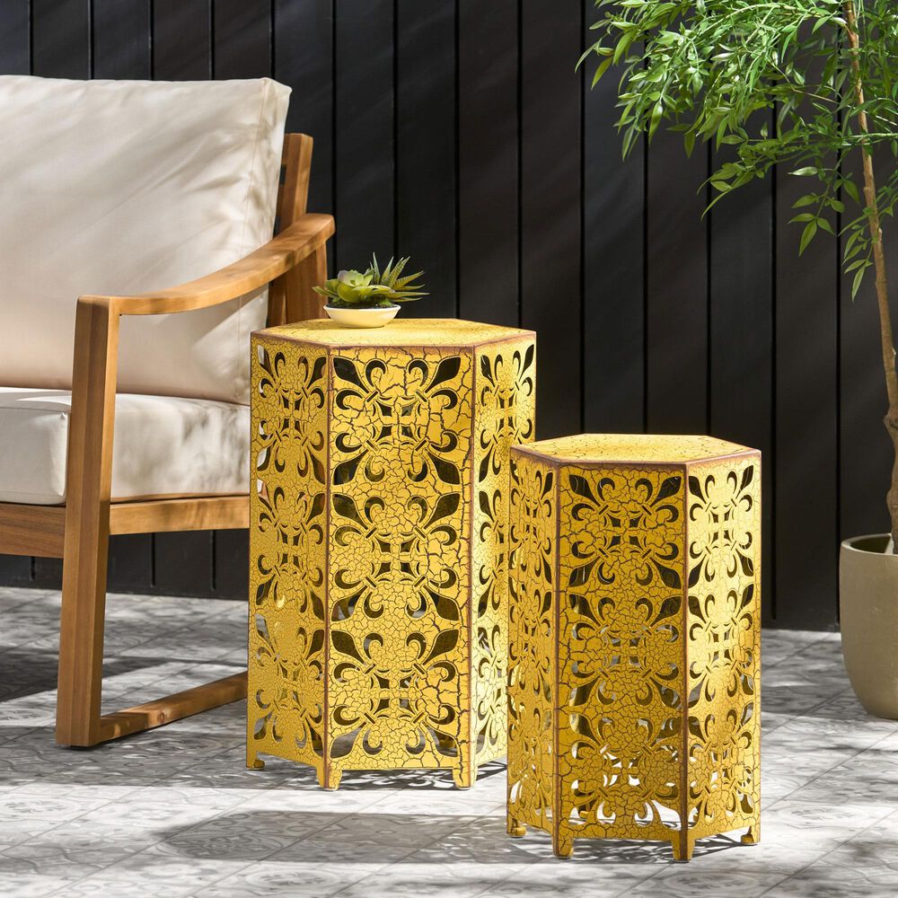 Hearth and Haven Selva Patio Accent Table in Antique Yellow &#40;Set of 2&#41;, , large