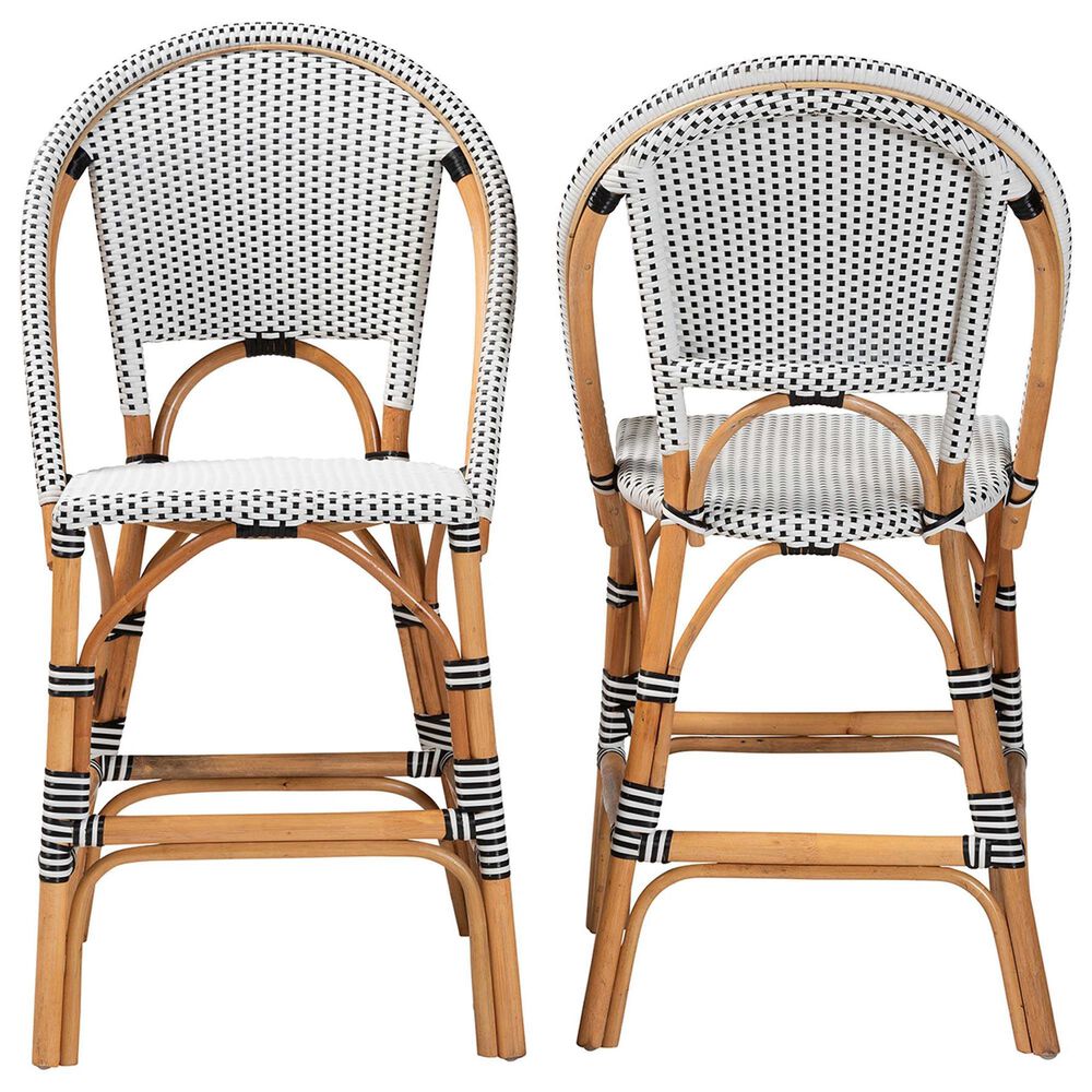 Baxton Studio Genica Counter Stool with Two-Tone Black and White Weaving in Natural Rattan (Set of 2), , large