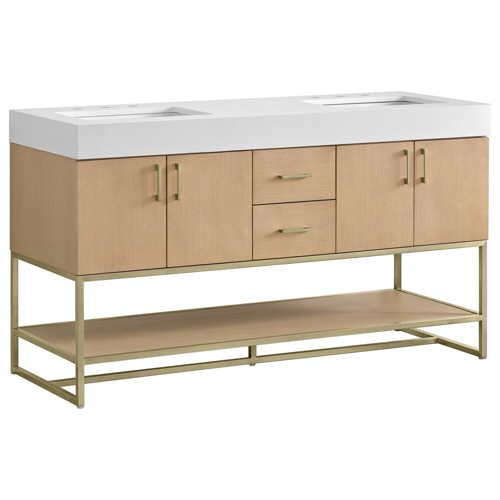 37B Mauri 60" Double Bathroom Vanity with Metal Base in Warm Oak with High-Profile 4" White Composite Stone Top, , large