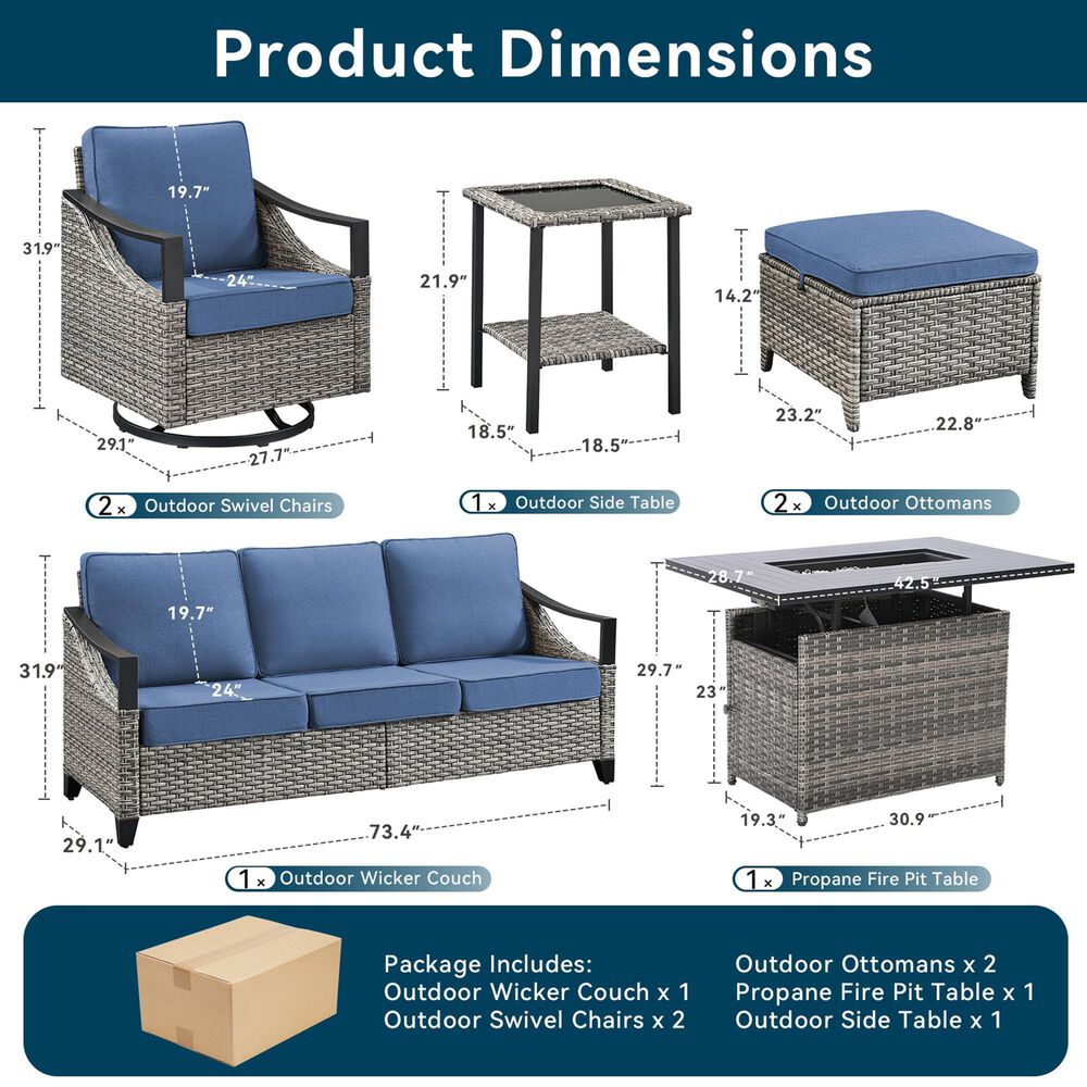 Sunwell Garden 7-Piece Patio Conversation Set with Fire Pit in Navy, , large