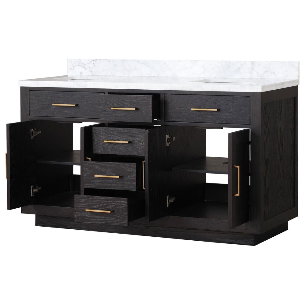 Lexora Home Abbey 60&quot; Double Bathroom Vanity in Black Oak with 2 cm White Carrara Marble Top and Rectangular Sinks, , large