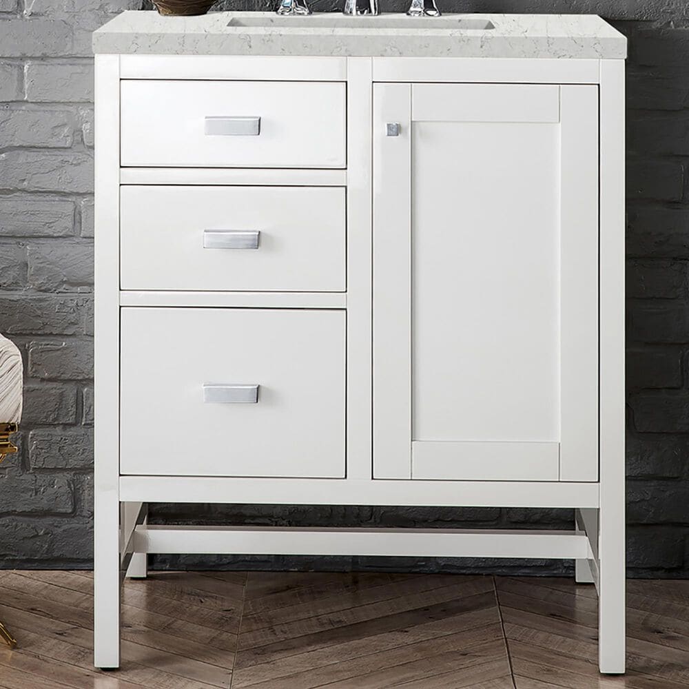 James Martin Addison 30&quot; Single Bathroom Vanity in Glossy White with 3 cm Eternal Jasmine Pearl Quartz Top and Rectangular Sink, , large