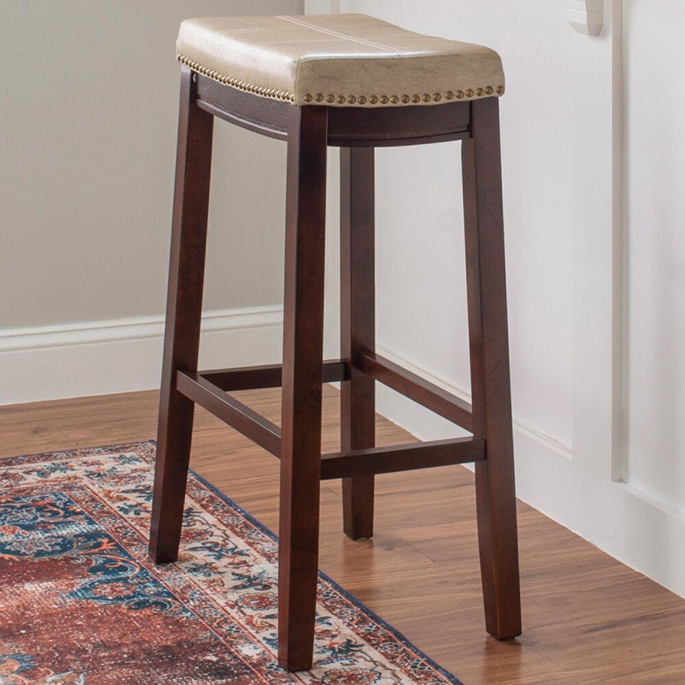 Linon Home Decor Claridge Bar Stool with Beige Cushion in Dark Brown, , large