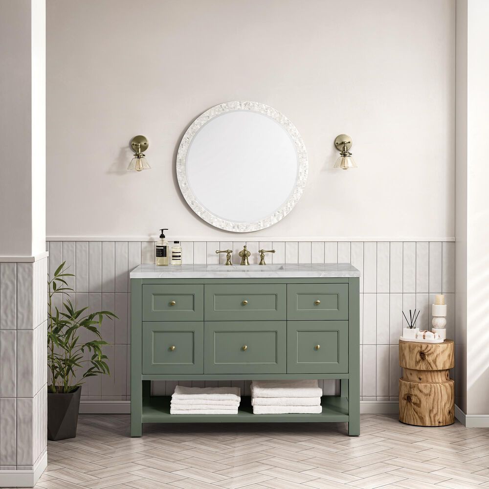 James Martin Vanities Breckenridge 48" Single Bathroom Vanity in Smokey Celadon with 3 cm Eternal Jasmine Pearl Silestone Top, Rectangular Sink and FreePower Wireless Charger, , large