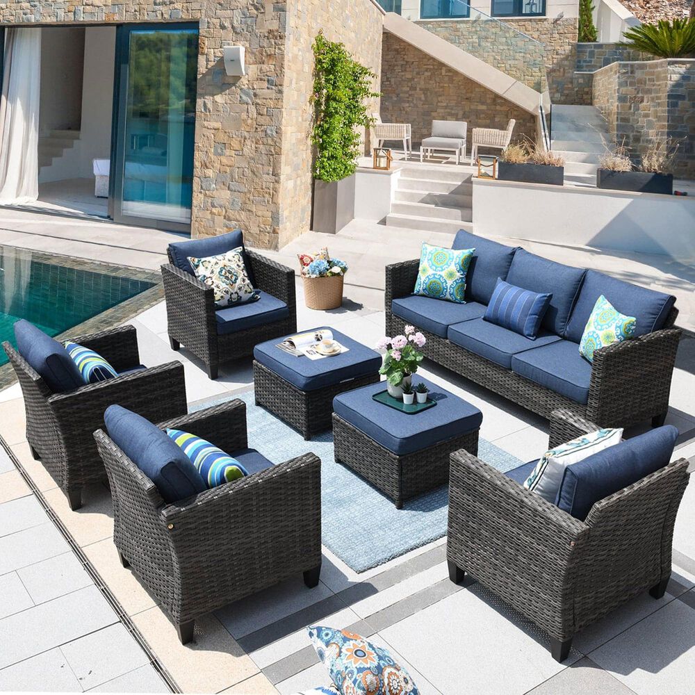 HOMLUX 7-Piece Rattan Sectional Set in Denim Blue, , large