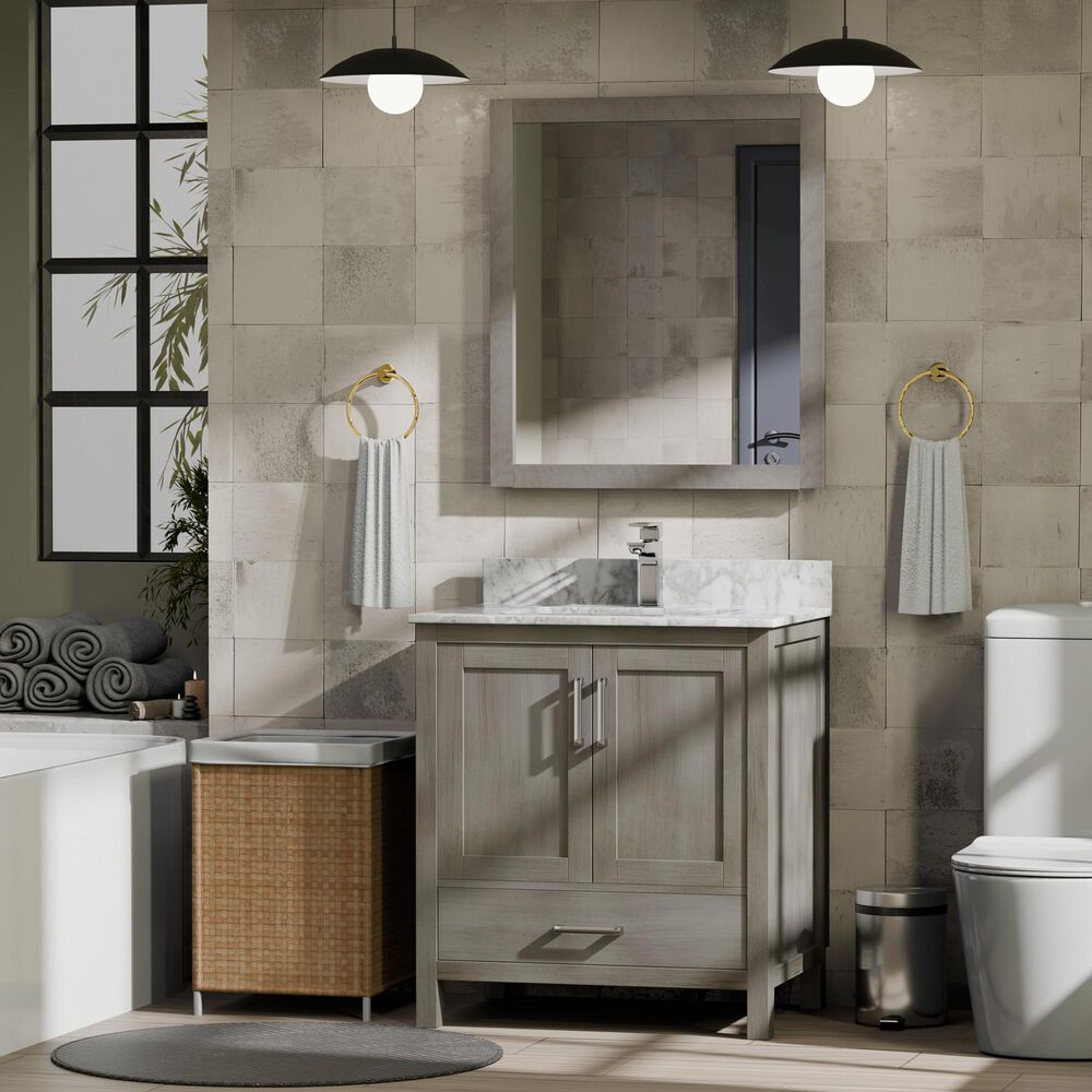 Lexora Home Jacques 30" Single Bathroom Vanity in Distressed Grey with 2 cm White Carrara Marble Top and Rectangular Sink, , large