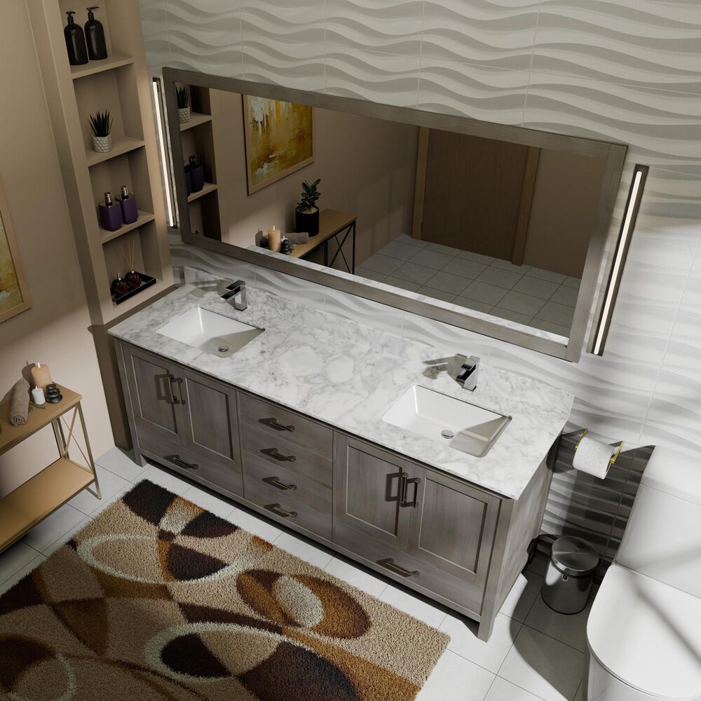 Lexora Home Jacques 72&quot; Double Bathroom Vanity in Distressed Grey with 2 cm White Carrara Marble Top and Rectangular Sinks, , large
