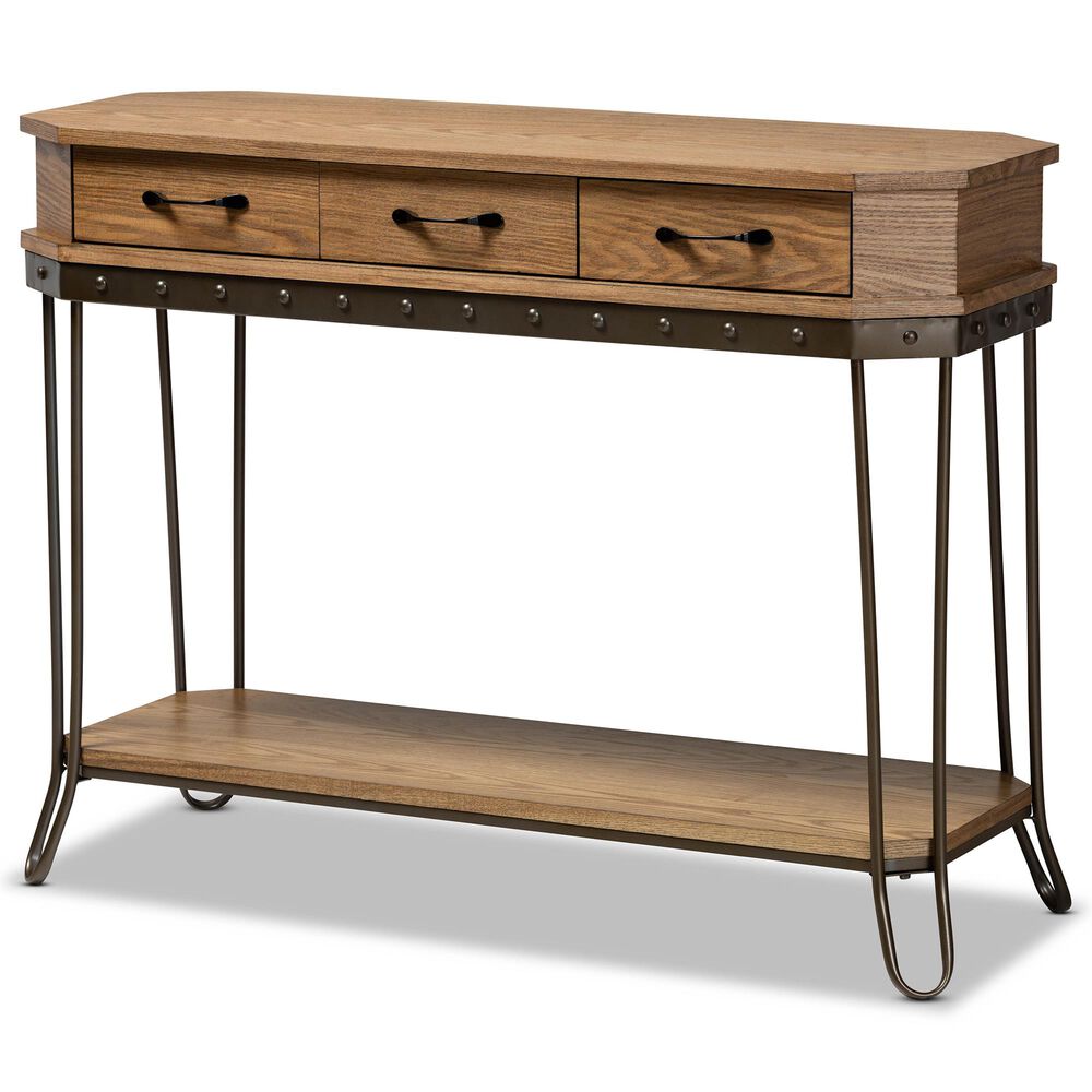 Baxton Studio Kellyn 3-Drawer Console Table in Oak Brown/Black, , large
