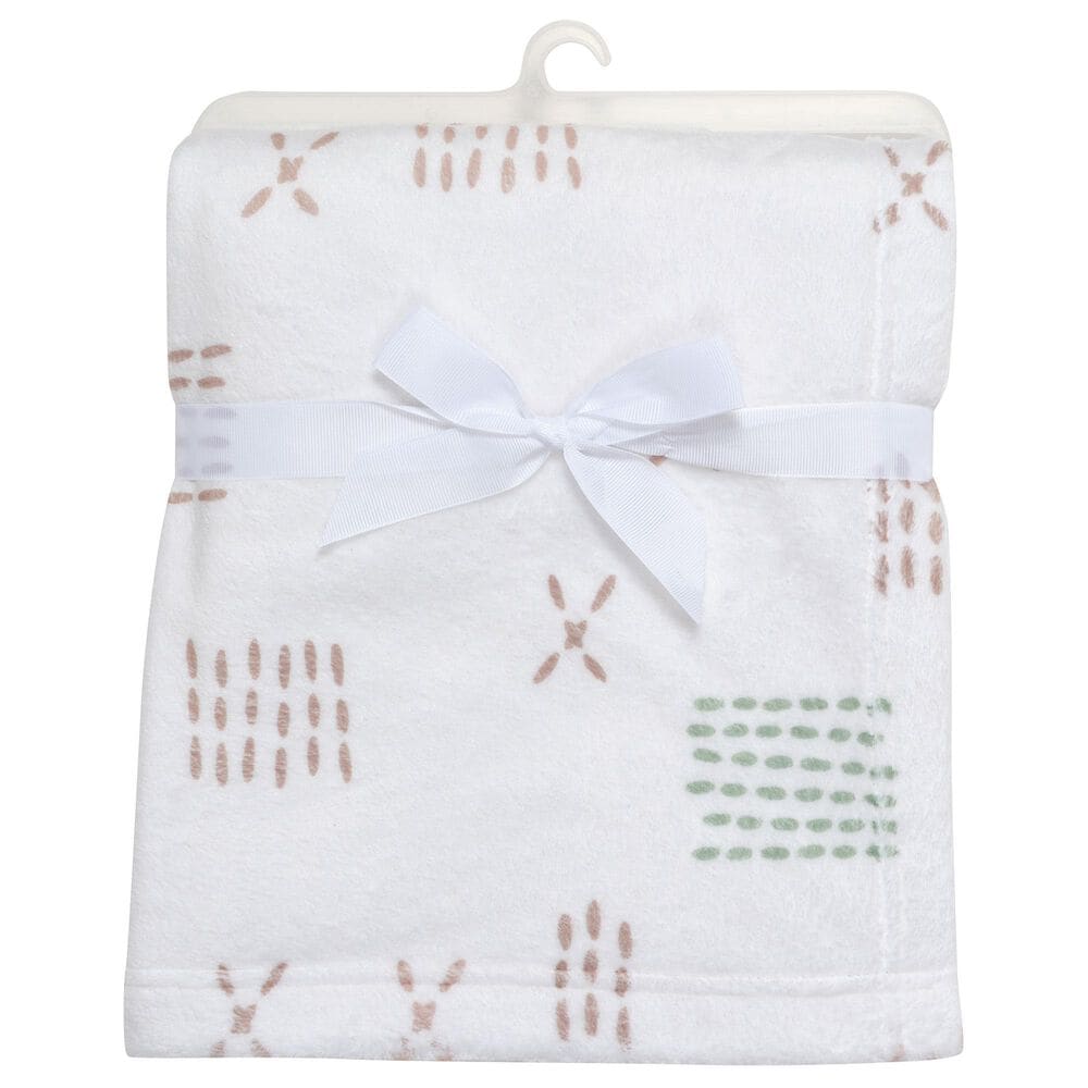 Lambs &amp; Ivy Farmyard Friends Baby Blanket in White, Taupe and Sage Green, , large