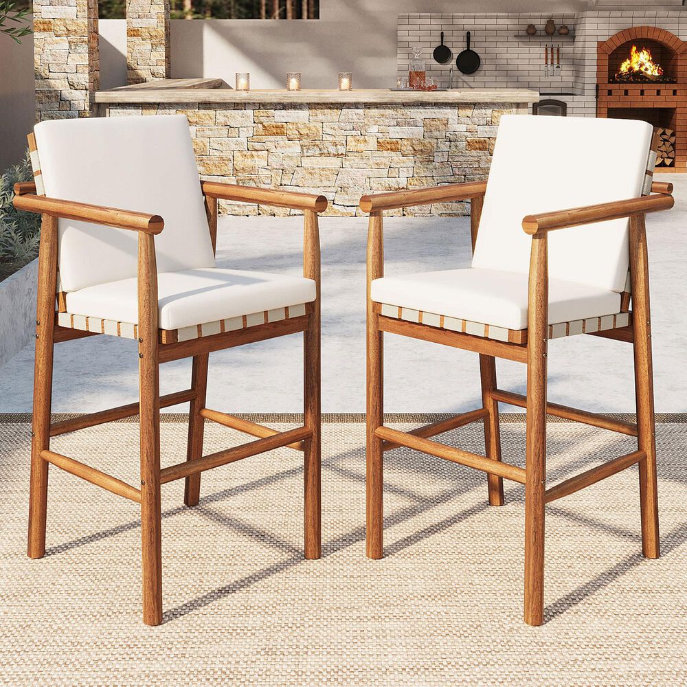 Hearth and Haven Outdoor Barstool with Webbing Design in Beige (Set of 2), , large