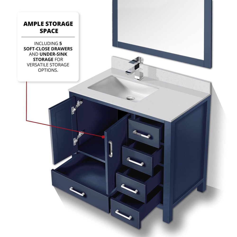 Lexora Home Jacques 36&quot; Left Offset Single Bathroom Vanity in Navy Blue with 2 cm White Cultured Marble Top and Rectangular Sink, , large